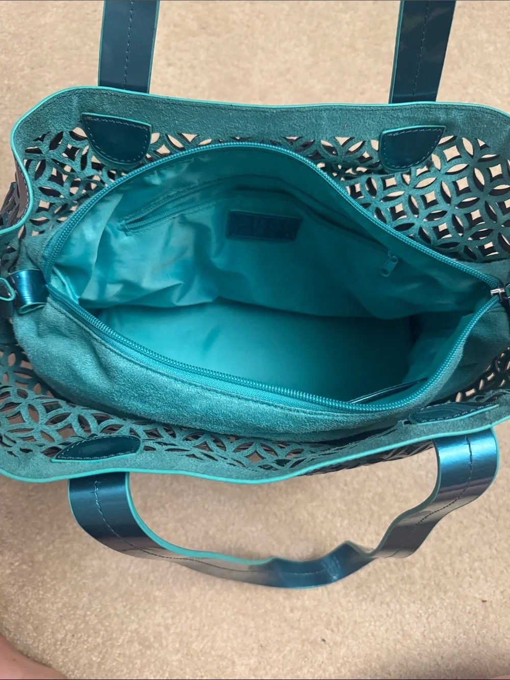 Metallic Teal Laser-Cut Tote Bag with Double Straps